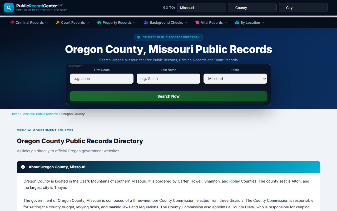 Oregon County Missouri public records page for criminal court records