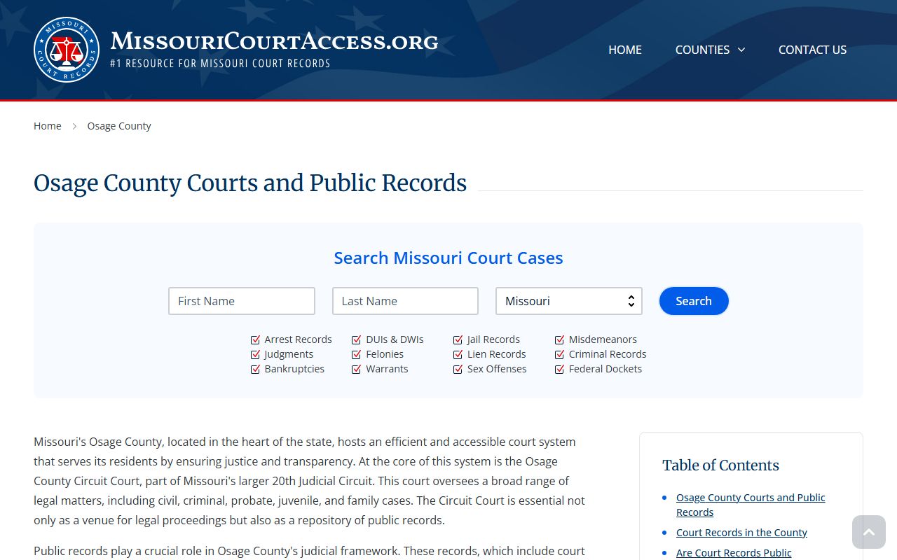 Osage County records and case search page for criminal court records