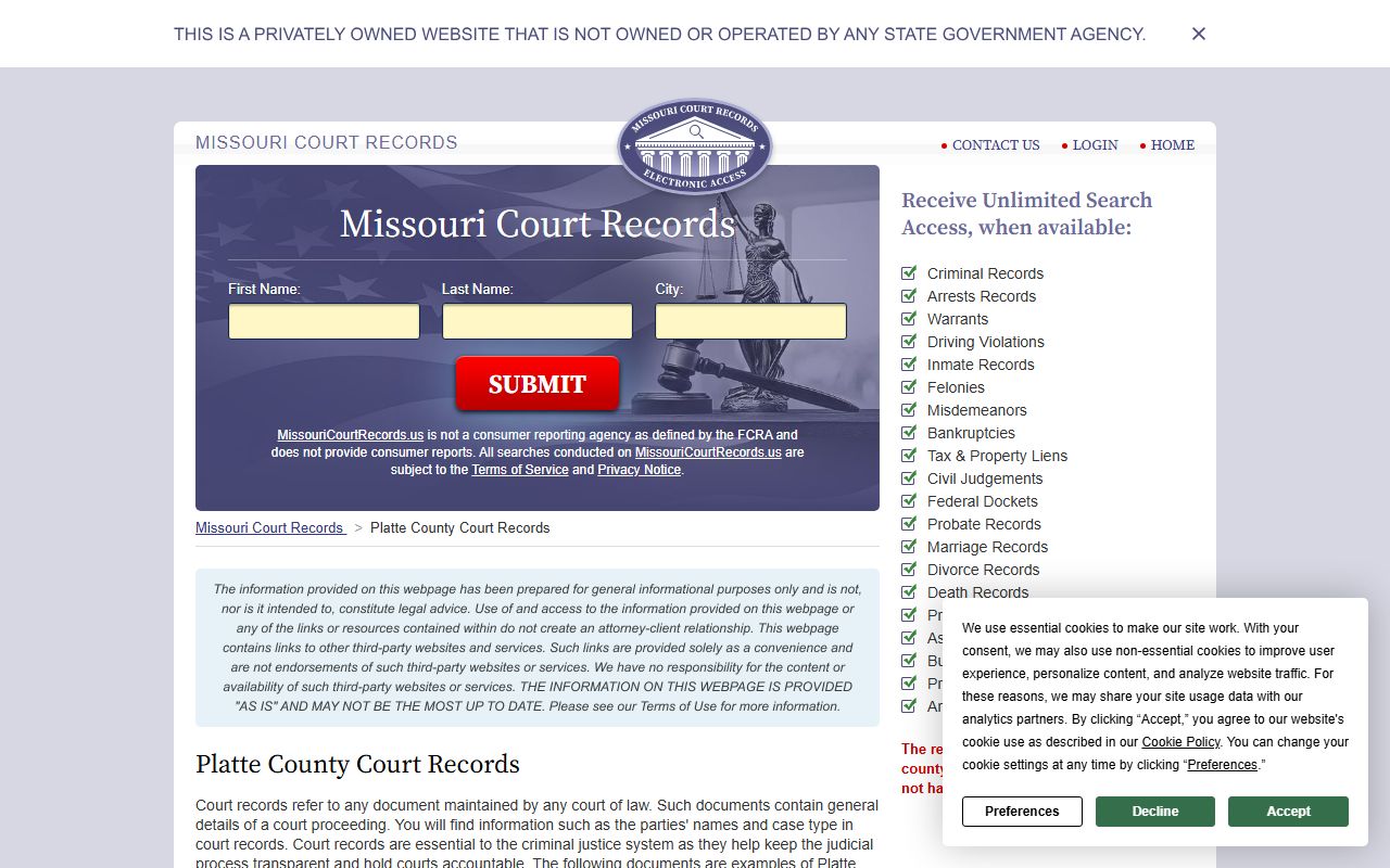 Platte County court records page for criminal court records access