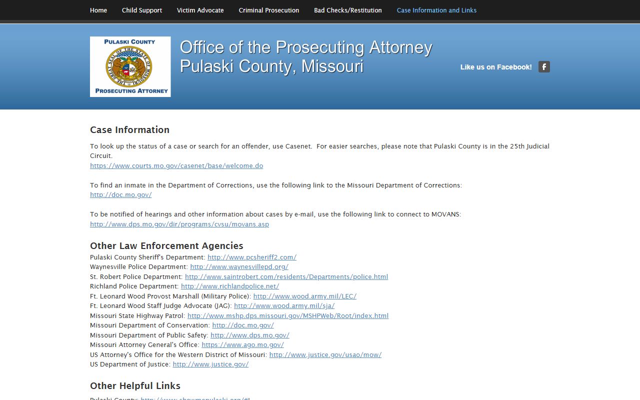 Pulaski County Prosecuting Attorney case information page for criminal records