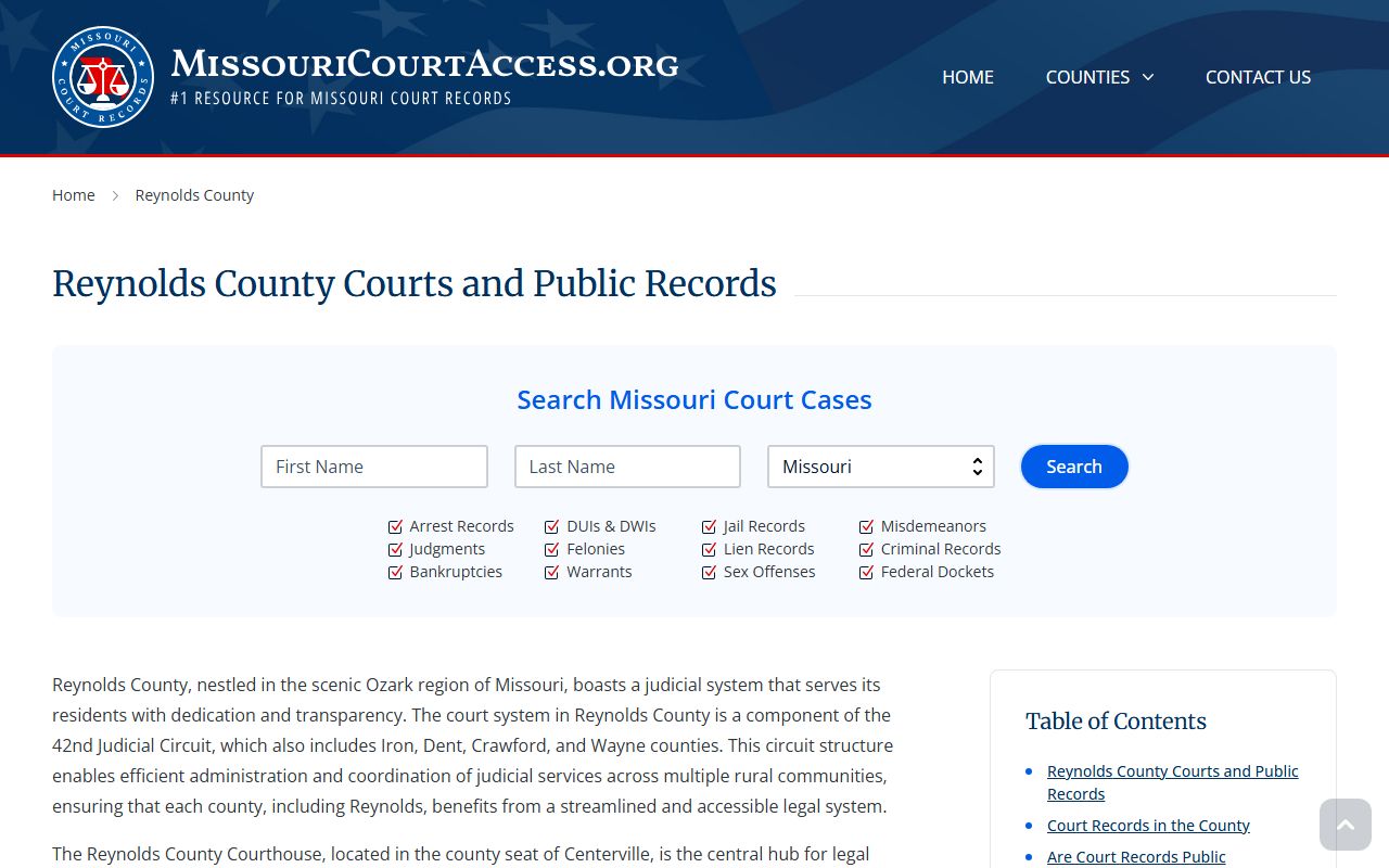 Reynolds County records and case search page for criminal court records